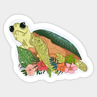 Cartoon turtle With Grass And Flowers, Tortoise Lovers Sticker